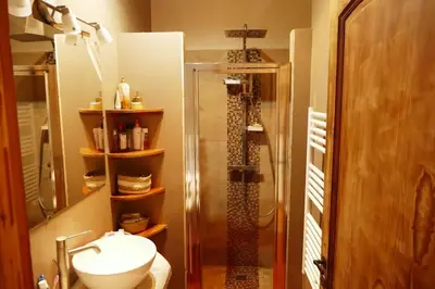 a bathroom with a shower and a toilet and a sink at F3 de charme centre ville Ajaccio in Ajaccio