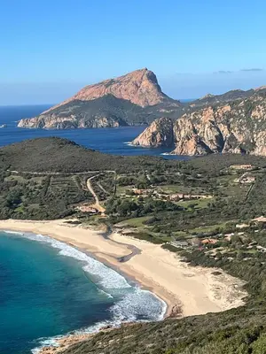 an aerial view of a beach with mountains in the background at Appartement sous les toits in Piana