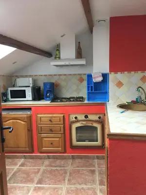 a kitchen with a stove and a microwave at Appartement sous les toits in Piana