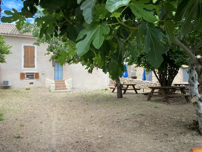 a picnic table and a tree in front of a building at Appartement sous les toits in Piana