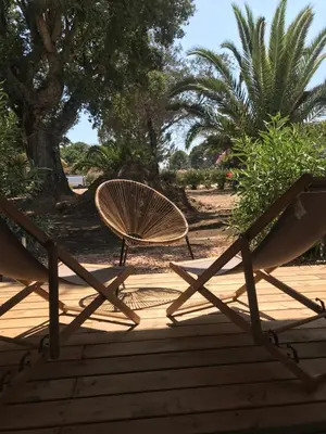two chairs sitting on a deck next to a tree at Résidence Fiori di Cala Rossa in Lecci