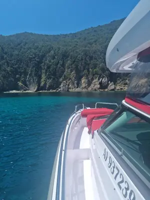 a boat on a body of water with a mountain at NOUVEAUTE! Magnifique villa à 2 minutes des plus belles plages de la rive sud in Porticcio