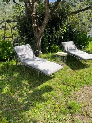 two empty chairs sitting in the grass next to a tree at Maison de village in Manso