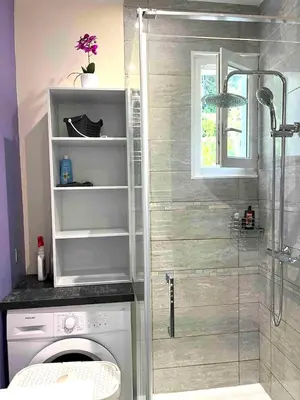 a bathroom with a shower and a washing machine at Maison charmante à San-Nicolao 55 m² avec piscine partagée in San-Nicolao