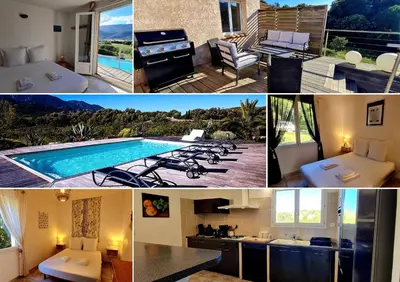 a collage of photos of a house with a swimming pool at Villa Bella Vista, 4ch, piscine in Figari