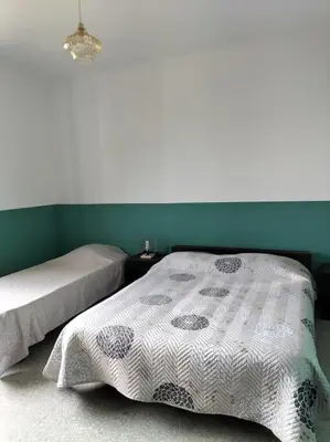 a bedroom with two beds and a green wall at Maison individuelle au calme in Valle-di-Mezzana