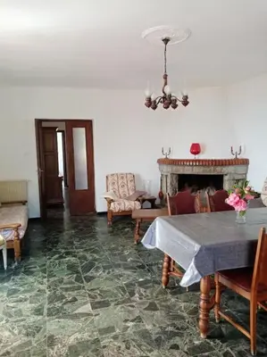a living room with a table and a fireplace at Maison individuelle au calme in Valle-di-Mezzana