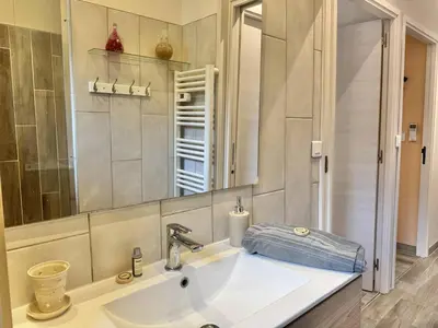 a bathroom with a sink and a mirror at Maison entre les montagnes à Levie in Levie