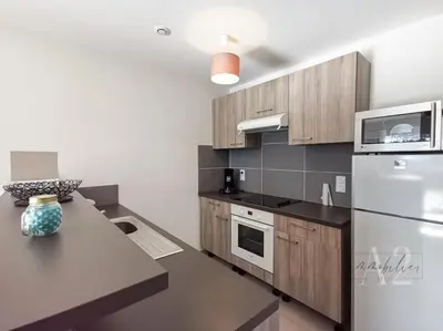 a kitchen with wooden cabinets and a white refrigerator at Appartement 4 Pers - Cala Rossa - Piscine in Lecci