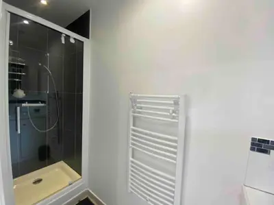 a bathroom with a shower and a glass shower backdoor at Appartement 4 Pers - Cala Rossa - Piscine in Lecci