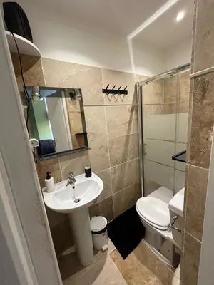 a bathroom with a sink and a toilet and a mirror at Appartement douillet en ville in Ajaccio