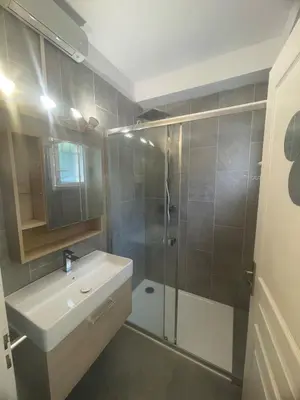 a bathroom with a shower and a sink and a mirror at Studio 28 m2 PORTICCIO Centre in Porticcio