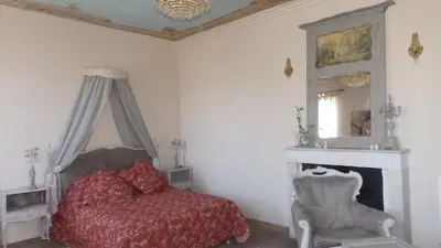 a bedroom with a bed and a fireplace and a mirror at Chambre d'Hôtes La Marlotte in Castello-di-Rostino