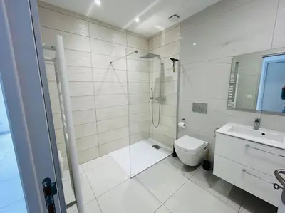 a bathroom with a shower and a toilet and a sink at Villa Climatisée avec Piscine partagée , Terrasse et Parking in Prunelli-di-Fiumorbo