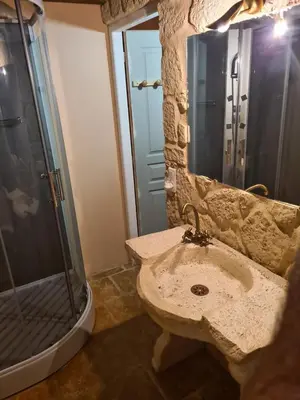 a bathroom with a stone sink and a shower at BERGERIE DE 1770 AVEC PISCINE in Sartène