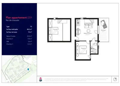 a floor plan of a condo and a plan of aominium at T3 Picchiarini, Clim, piscines, resto, 5' plages in Lecci