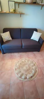 a blue couch sitting in a living room with a rug at appartement bord de mer en Corse avec 2 piscines 100 metres de la plage in Linguizzetta