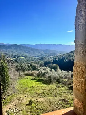 a view from the top of a hill with mountains in the background at Maison de village calme et agréable in Albitreccia