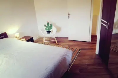 a bedroom with a bed and a chair with a cactus at Magnifique bergerie corse du 17eme Siècle à proximité des plages in Eccica-Suarella