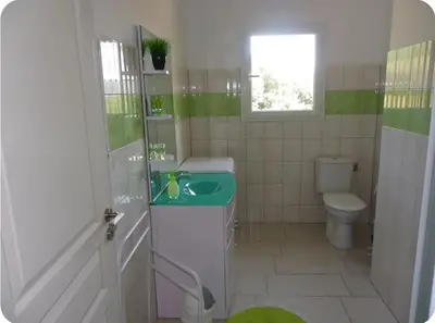 a green and white bathroom with a sink and a toilet at Gîte au coeur d'une oliveraie in Sartène