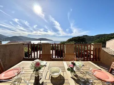 a wooden table with flowers on top of a balcony at Appartement Golfe de Lava in Appietto