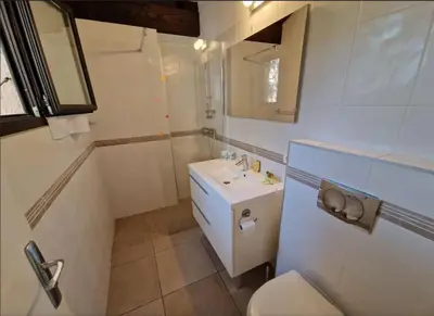 a bathroom with a toilet and a sink and a shower at Petit nid douillet à deux pas de Santa Giulia in Porto-Vecchio
