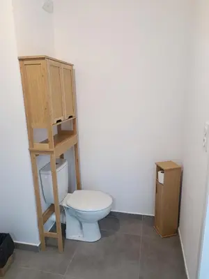 a bathroom with a toilet and a wooden shelf at Très beau T2 in Ajaccio