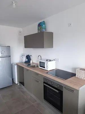 a kitchen with a counter with a microwave and a refrigerator at Très beau T2 in Ajaccio