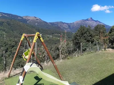 a swing set in a field with mountains in the background at Maison de charme Orezza Haute-Corse Castagniccia in Carpineto