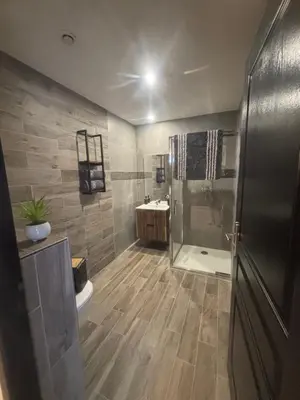 a bathroom with a shower and a sink at Appartement F2 dessous de villa in Olmeta-di-Tuda
