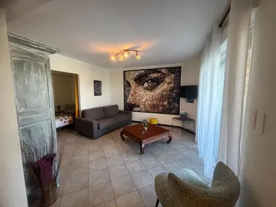 a living room with a couch and a table at Appartement F2 dessous de villa in Olmeta-di-Tuda