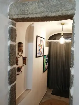 a hallway with a stone wall with pictures on the wall at Studio neuf à 15mn de la mer in Occhiatana