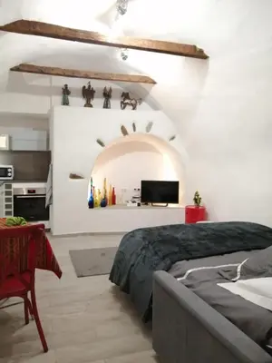 a bedroom with a bed and a tv on a wall at Studio neuf à 15mn de la mer in Occhiatana