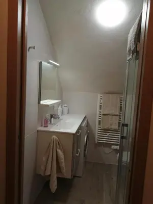 a bathroom with a sink and a mirror and a shower at Studio neuf à 15mn de la mer in Occhiatana