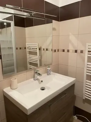 a bathroom with a white sink and a mirror at Bel Appartement en plein cœur de Folelli in Penta-di-Casinca