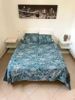 a bed with a blue comforter in a bedroom at Bel Appartement en plein cœur de Folelli in Penta-di-Casinca