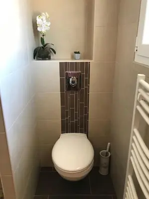 a small bathroom with a toilet in a room at Maison à Saint-Florent avec piscine privée in Oletta
