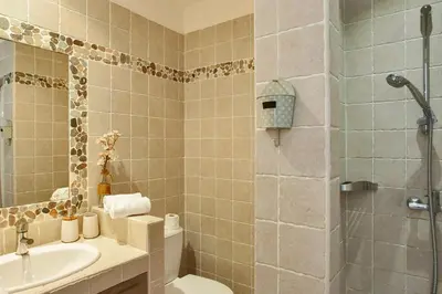 a bathroom with a shower and a toilet and a sink at Appartement 