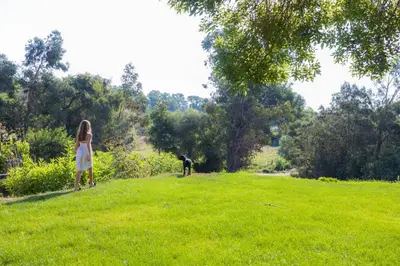 a girl and a dog standing in a field at Demeure de charme Suarella Domaine de Marquiliani in Aghione