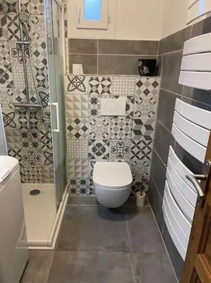 a bathroom with a toilet and a shower at Bas de villa pour 6 in Venzolasca