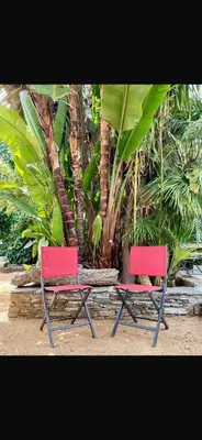 two red chairs sitting in front of a palm tree at Maison familiale charmante in Borgo