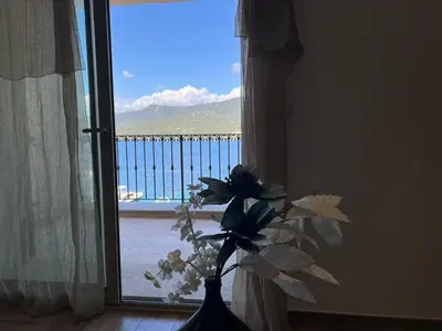 a vase with flowers in front of a window at Résidence Cas’Antica in Propriano