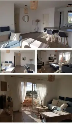 two pictures of a living room and a room with a couch at Porto vecchio Résidence Don Andria T2 in Lecci