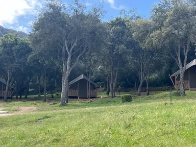 a field with houses and trees in the background at lodge lavallee in Belvédère