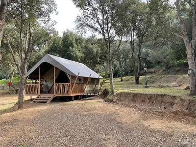 a large tent with a deck in a park at lodge lavallee in Belvédère