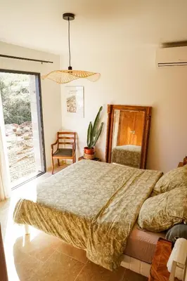 a bedroom with a bed and a potted plant at Maison 47m2 à 10min des plages - billard, baby, salle de sport, jardin in Ajaccio