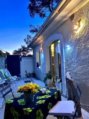 a table with a vase of flowers on a patio at les pivoines in Borgo