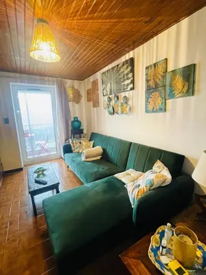 a living room with a green couch and a table at À casetta in Albertacce