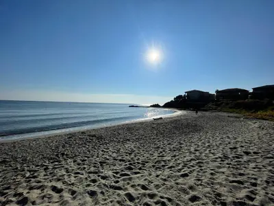 a sandy beach with the ocean in the background at T3 Corse vue mer. pieds dans l'eau N164 in Linguizzetta