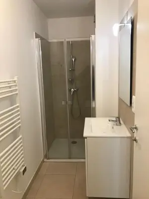 a bathroom with a shower and a sink at T3 Corse vue mer. pieds dans l'eau N164 in Linguizzetta